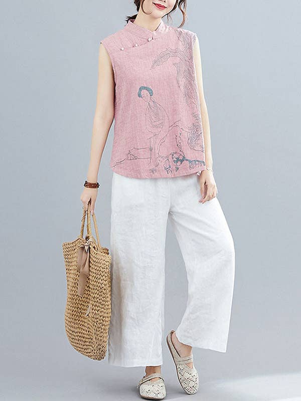 Sheer Trend - Vente Chemisier – femme - T-shirt sans manches à col montant boutonné imprimé de style chinois artistique rétro15