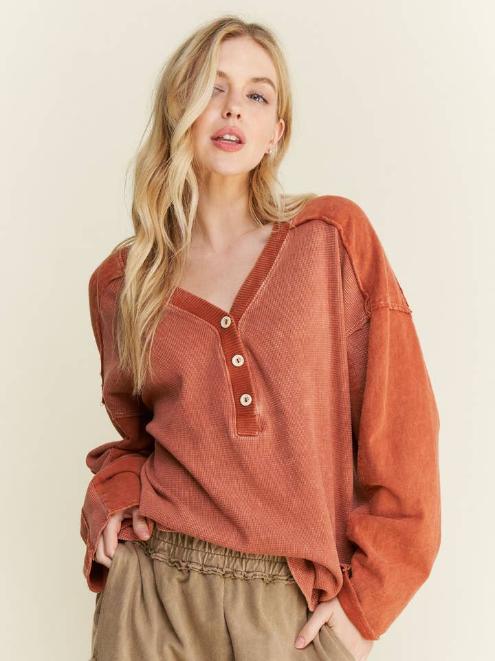 MineralWash Deep Vneck Button Thermal henley top HT5895 for wholesale by J.Her