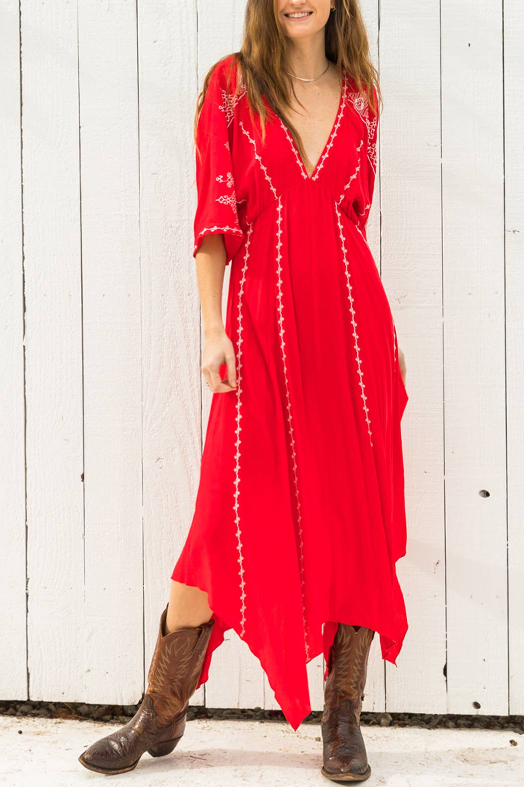 En Crème - Wholesale Dress - Women's - Short Sleeve Embroidery Handkerchief Maxi Dress2