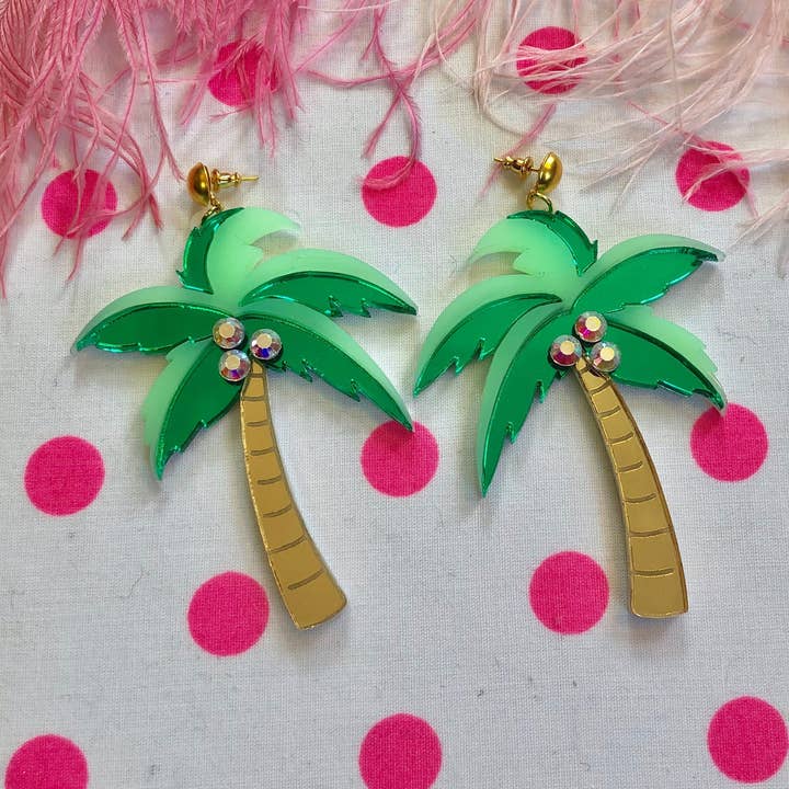 Mirrored Palm Tree Earrings With Rhinestones, Laser Cut Acrylic, Plastic Jewelry for wholesale by I'm Your Present