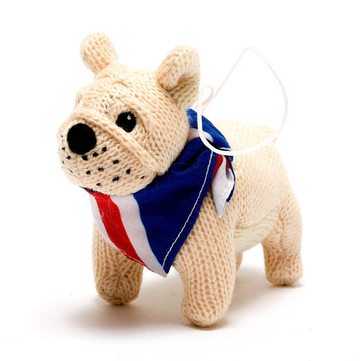 Knitted British Bulldog Hanging Decoration, Kids' Decor for wholesale by Best Years Ltd
