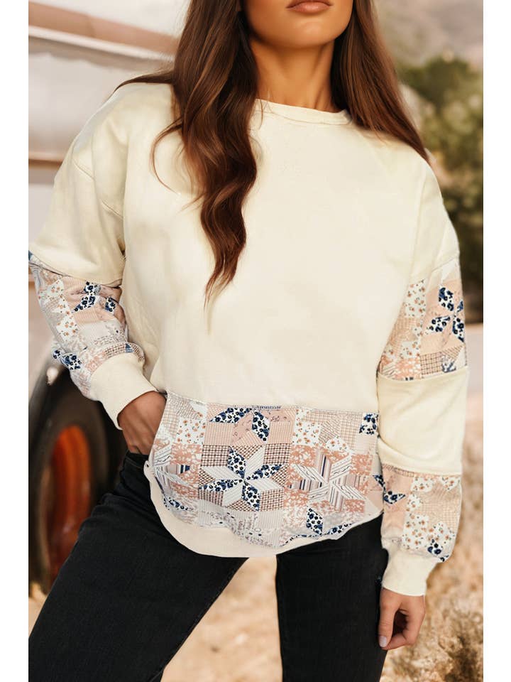 Beige Western Geo Pattern Patchwork Hoodie with Kangaroo Pocket for wholesale on Faire