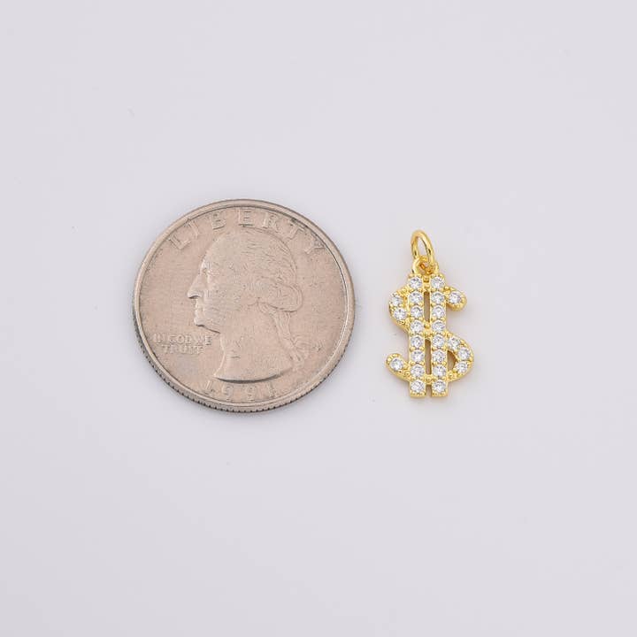 Beads Creation - Wholesale Individual Charm/Pendant - Gold Filled Dollar Sign Charm Pendant CZ Micro Pave, CP2223