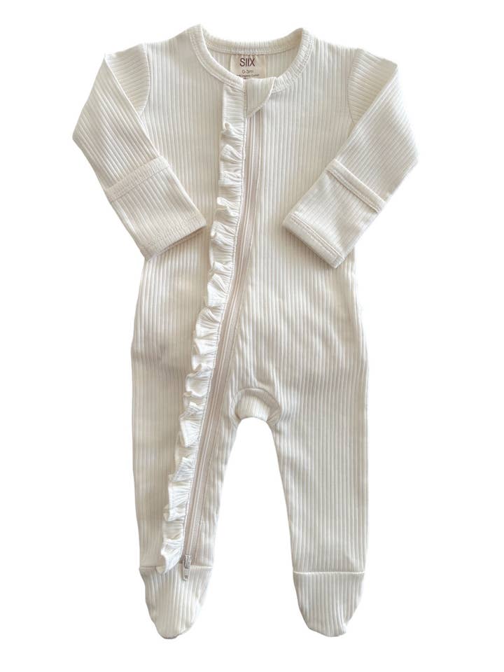 SIIX Collection - Wholesale Bodysuit (Footed) - Baby - Ivory / Organic Ribbed Frill Zip Footie (Baby - Kids)