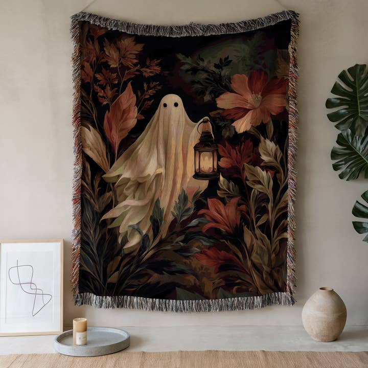 Spooky Lantern Ghost Blanket – Dark Whimsigoth Wall Decor for wholesale by CasaIuliia
