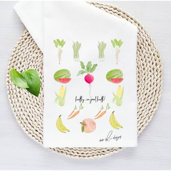 Fruits and Vegetables Tea Towel, Healthy Flour Sack Towel for wholesale by Bebe Blu Designs, LLC