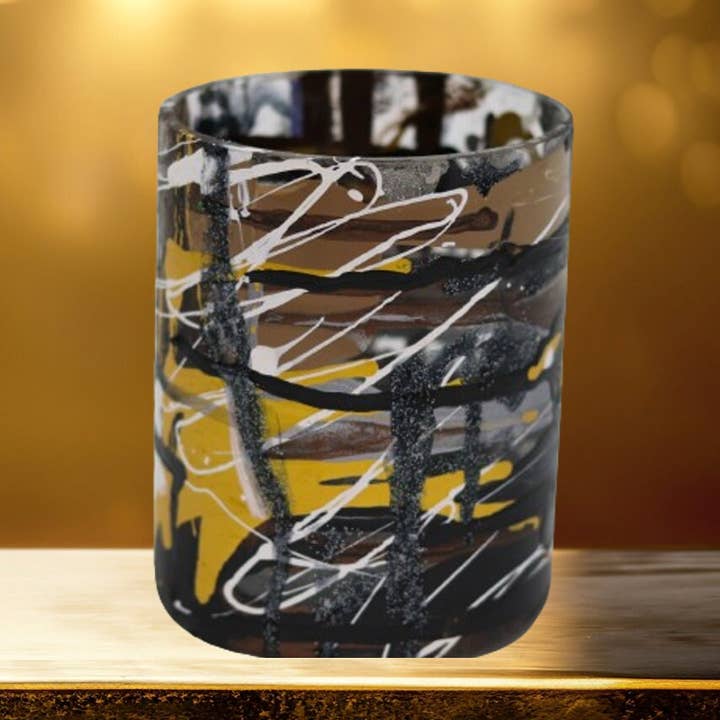 Handgeschilderde Vaas Goud, Wit, Zwart Abstract - 5" Hoog voor wholesale door Amazyng Decor