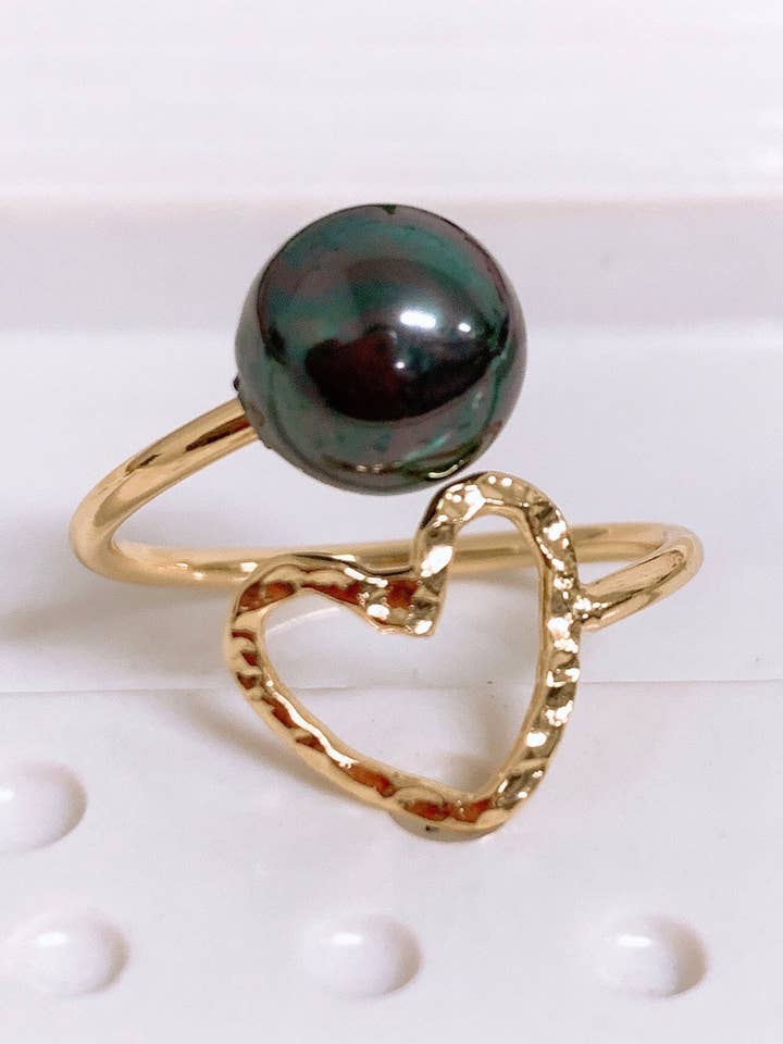 Bague Hawaiian Hamilton Gold à double cœur avec pois noirs gris pour la vente par Anela's Jewelry