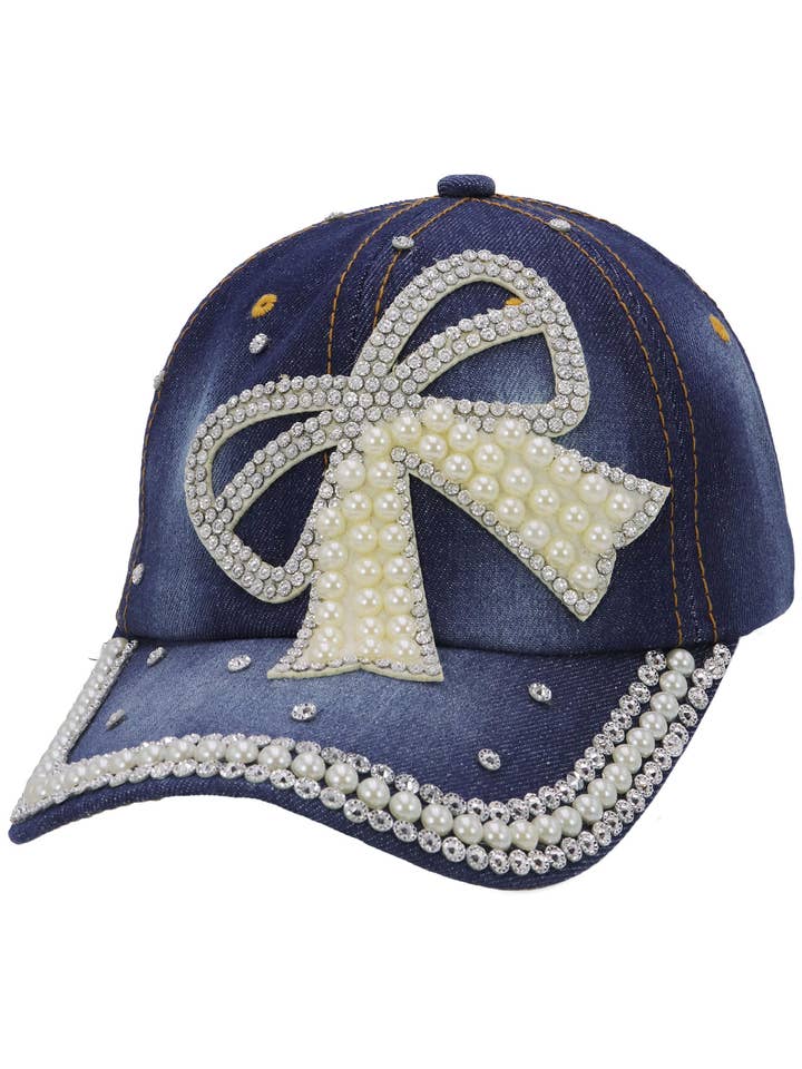 Faux Pearl Ribbon Bling Rhinestone Denim Cap for wholesale by Cap Zone
