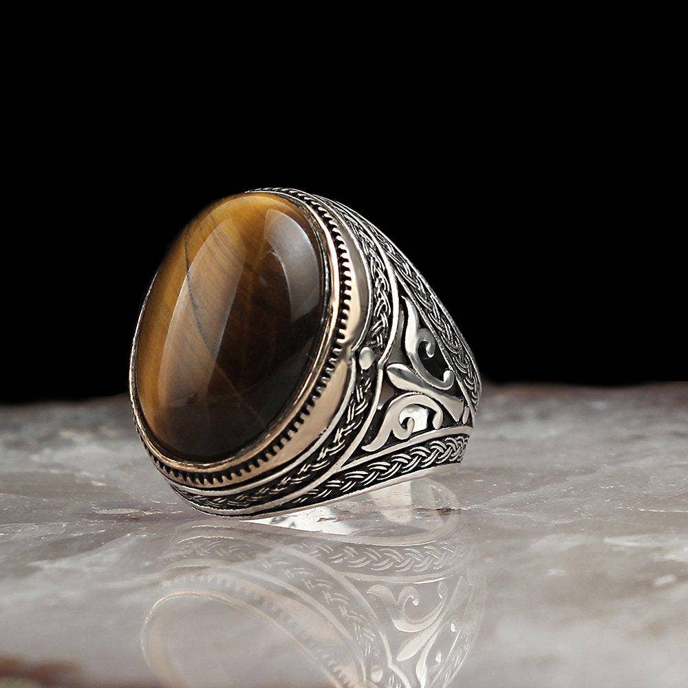 Ephesus Jewelry – Großhandel Cocktail-/Statement-Ring – Tigerauge Ring Silber 925 Sterling Silber geflochten