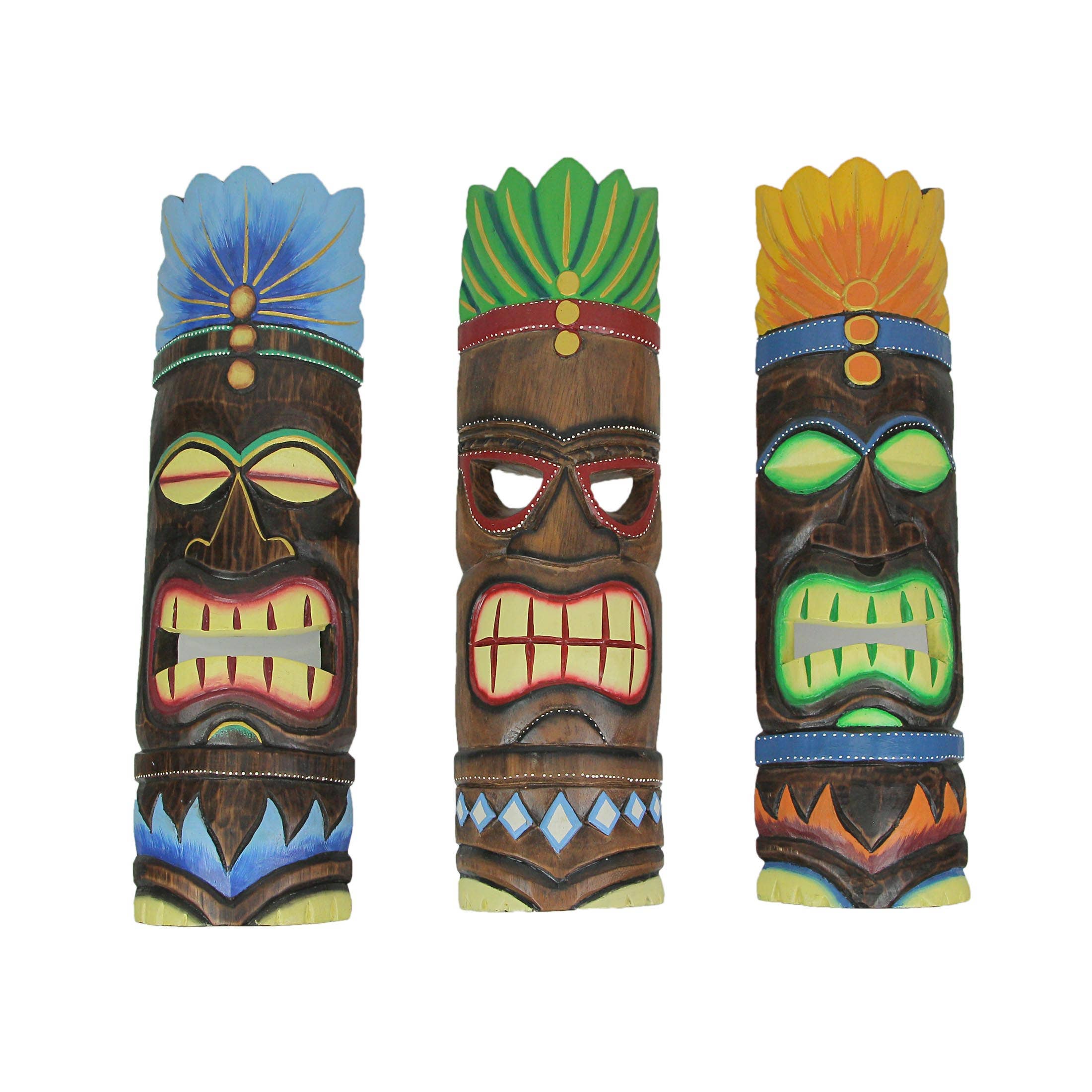 Zeckos - Venta al por mayor Papel pintado 3D - Conjunto de 3 máscaras de pared estilo tiki talladas a mano y pintadas en colores vivos.0