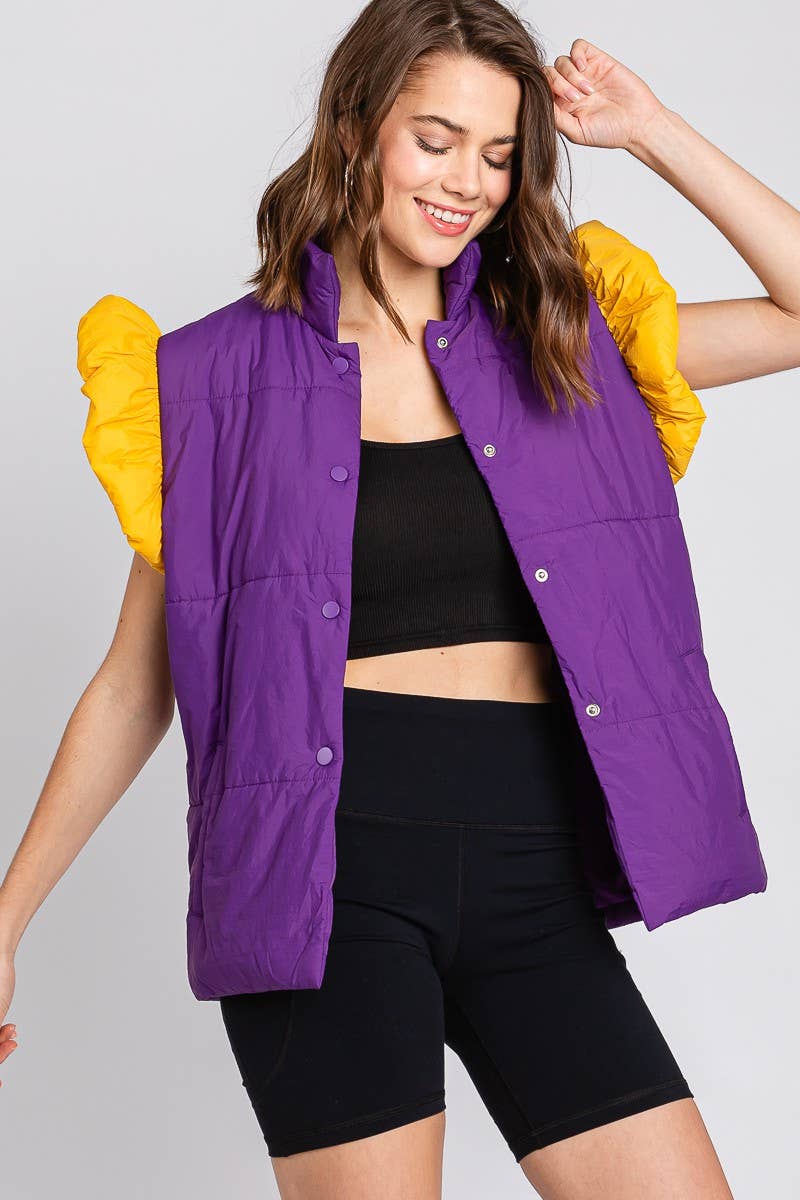 Sewn and Seen - Wholesale Outerwear Vest - Women's - PUFF SNAP BUTTON COLORBLOCK HIGH NECK VEST1