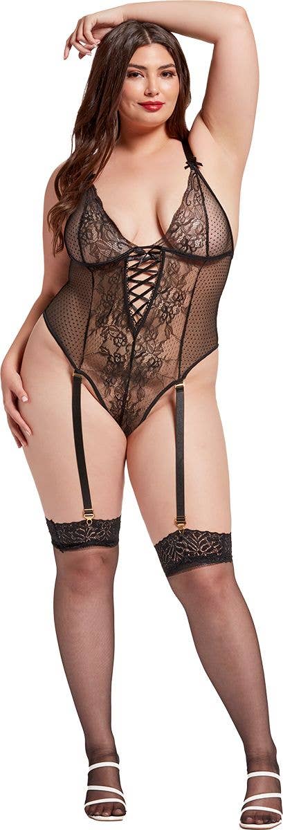 Lingerie Mart – wholesale Lingerie bodysuit – Women's – Seven til Midnight Lace And Dot Mesh High Cut Leg Teddy6