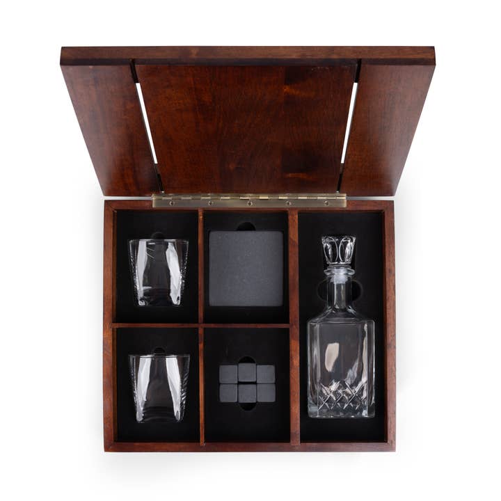 Dark Stain Parawood Whiskey Box with Decanter - Gift Set for wholesale on Faire4