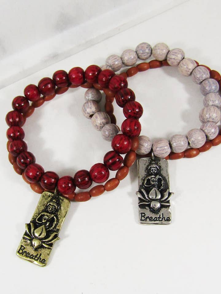 Pulsera elástica de dos líneas con abalorios de madera Breath Buddha para venta al por mayor de TheTizana
