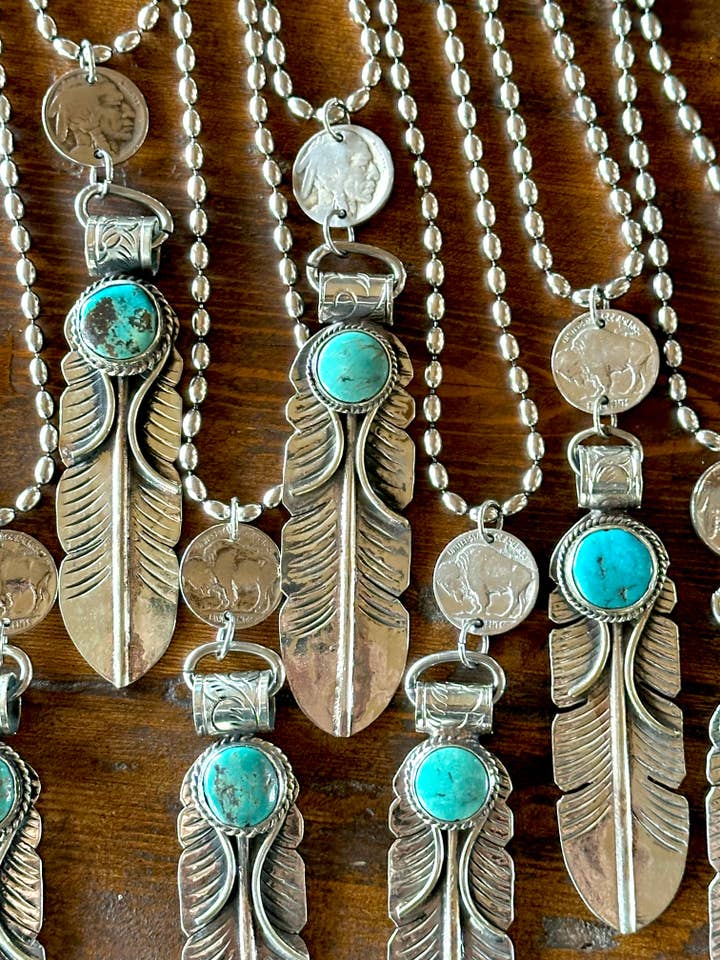 Feather Necklace, Silver Feather, Turquoise, Buffalo Nickel for wholesale by Fleurdesignz Western Jewelry