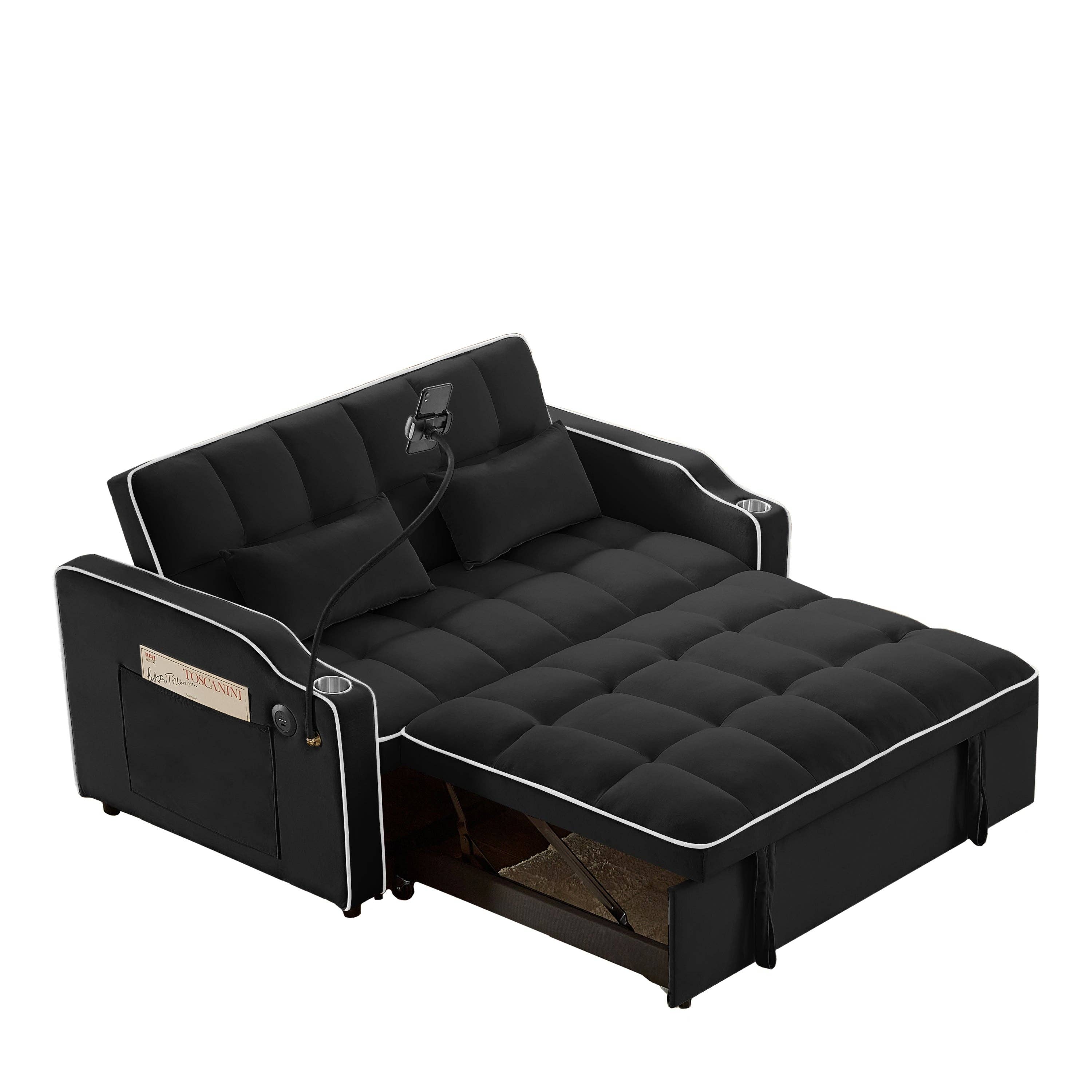 39F Inc. - Wholesale Sofa - Black Foldable Velvet Sofa Bed with USB and Storage12