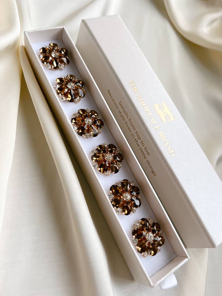 Erika – Brown Pearl Flower Button Charm Gold (6 pcs) for wholesale by The Shoelace Brand