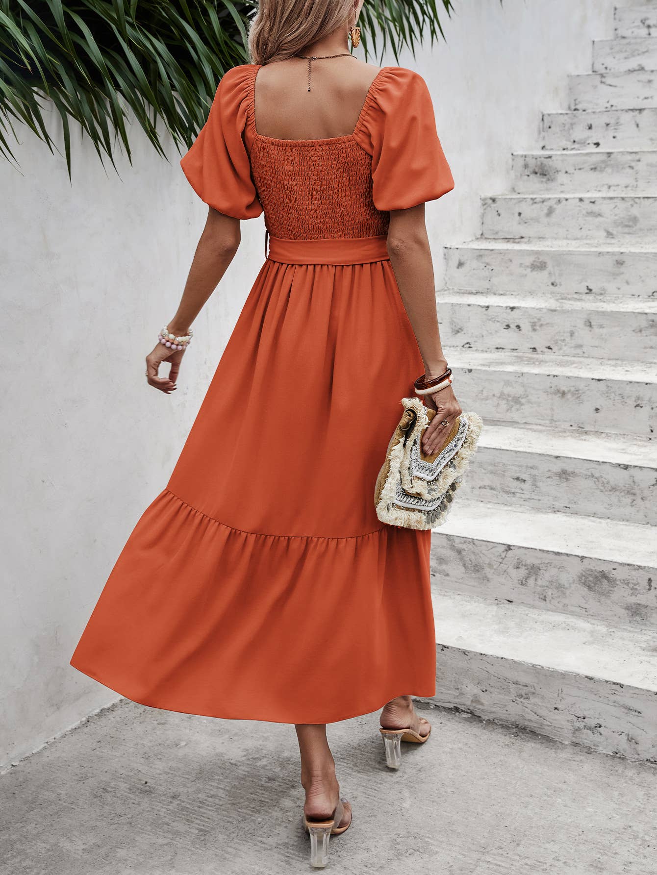 eLook - Wholesale Jurk - Dames - SZ1-DR1008 Midi-jurk met haakdetails en pofmouwen en riem21