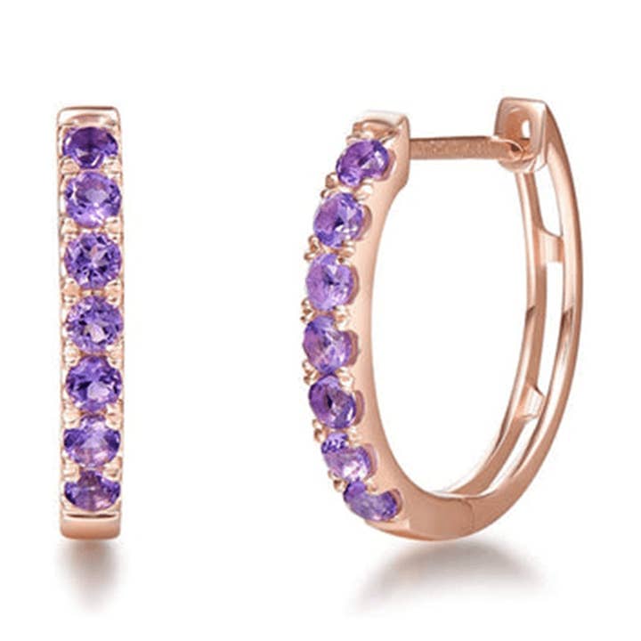 Orecchini a cerchio in oro rosa 14 carati con ametista FANCIME per la vendita all'ingrosso da parte di Fanci Me Jewelry