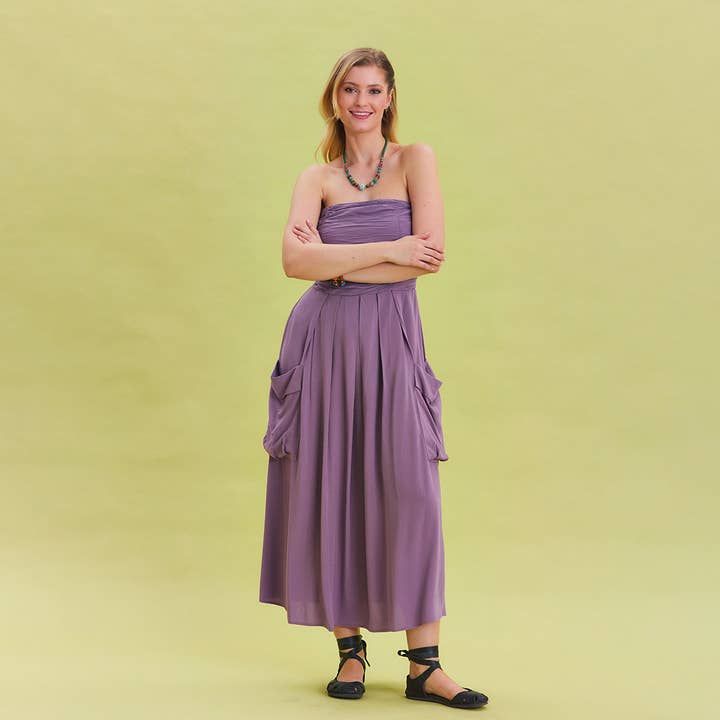 Stropfri Kjole med Brystlomme Detaljer i Lilla Farve for engroshandel hos Los Banditos