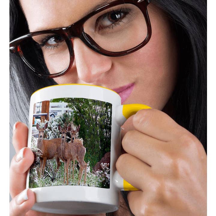 3dRose - Wholesale Coffee Mug - 3dRose, Three Deer In Yard On Snowy Day With Green Bushes and Fence in Back, Mug1
