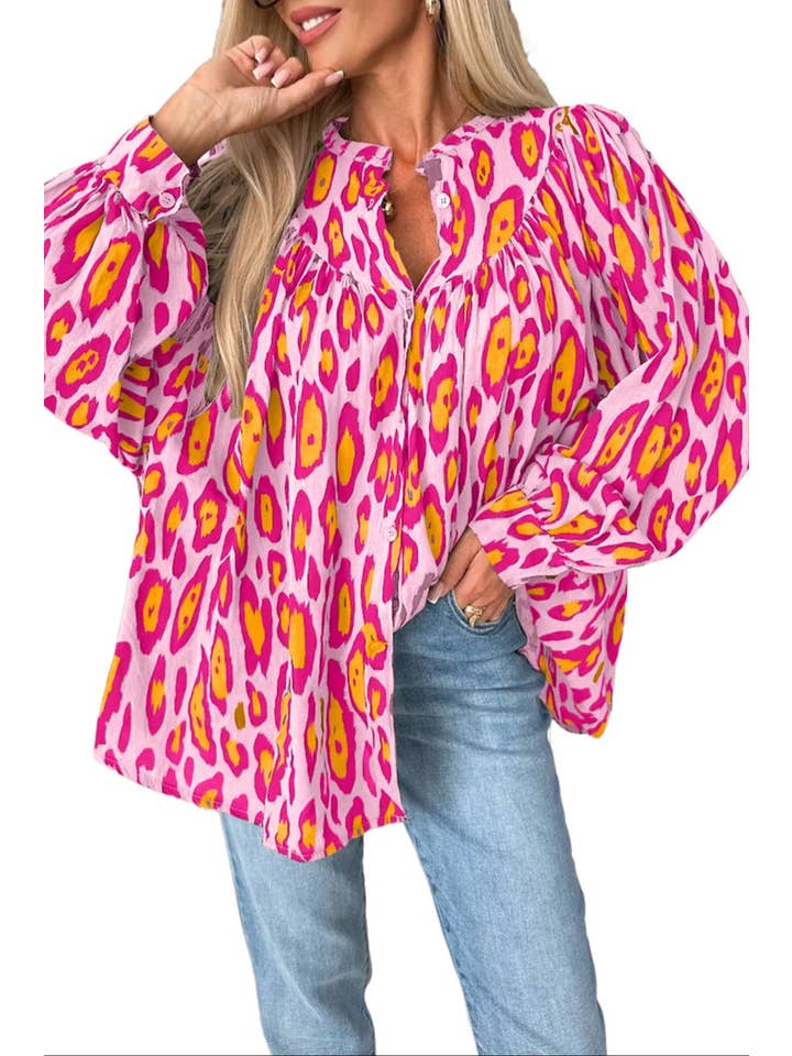 Rose Röd Leopard Ballongärm Oversize Skjorta för wholesale på Faire