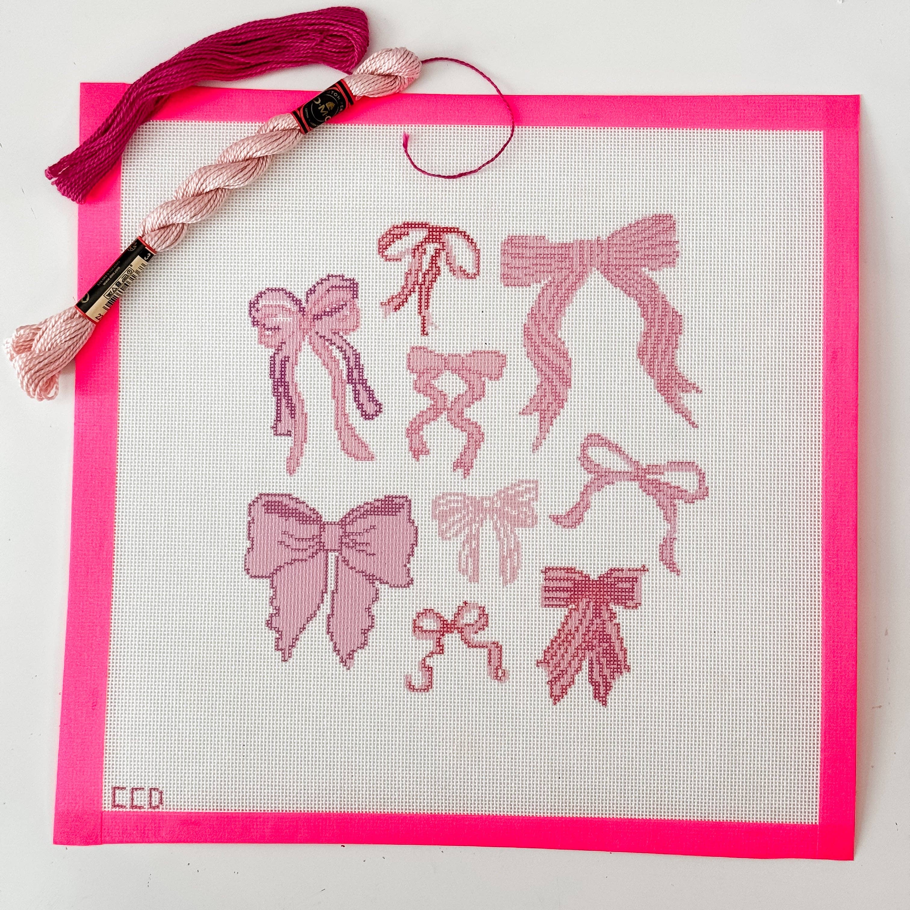 Cotswold Co Designs – wholesale Embroidery/cross-stitch supplies – Hand Painted Coquette Bow 8” Pillow Design Needlepoint Canvas 18 Mesh Coquette Needlepoint Canvas Bow Hand Painted1