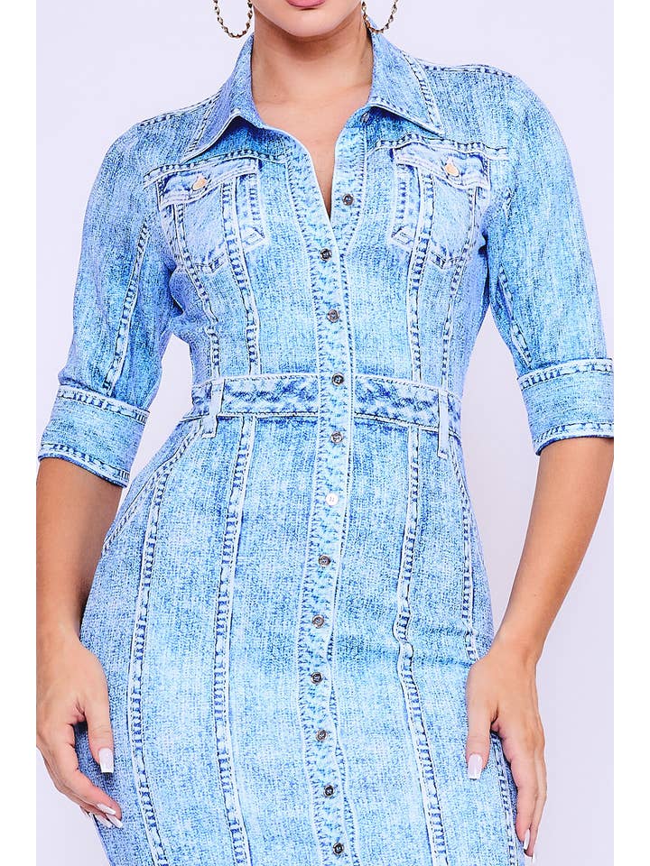 Her Bottari - Wholesale Dress - Women's - BD3696_Denim effect button down short sleeve mini dress5