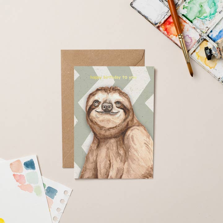 Sloth Birthday card with Gold Foil for wholesale by lil wabbit