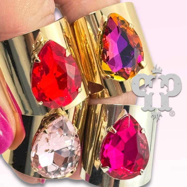 Rhinestone teardrop adjustable base ring - LC for wholesale by Pink Panache Brands
