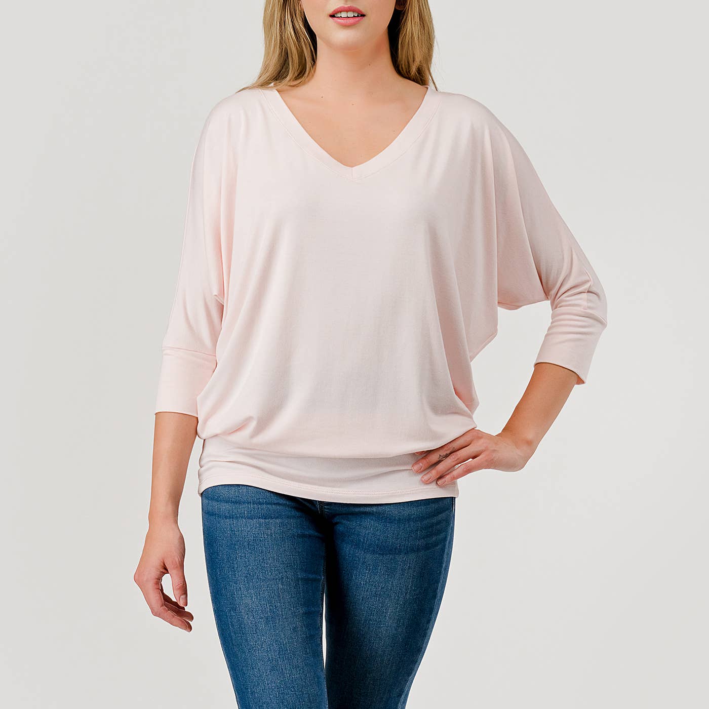 Heimious - Wholesale Knit Top - Women's - 3/4 Dolman Sleeve V-neck Modal Jersey Top, 25730