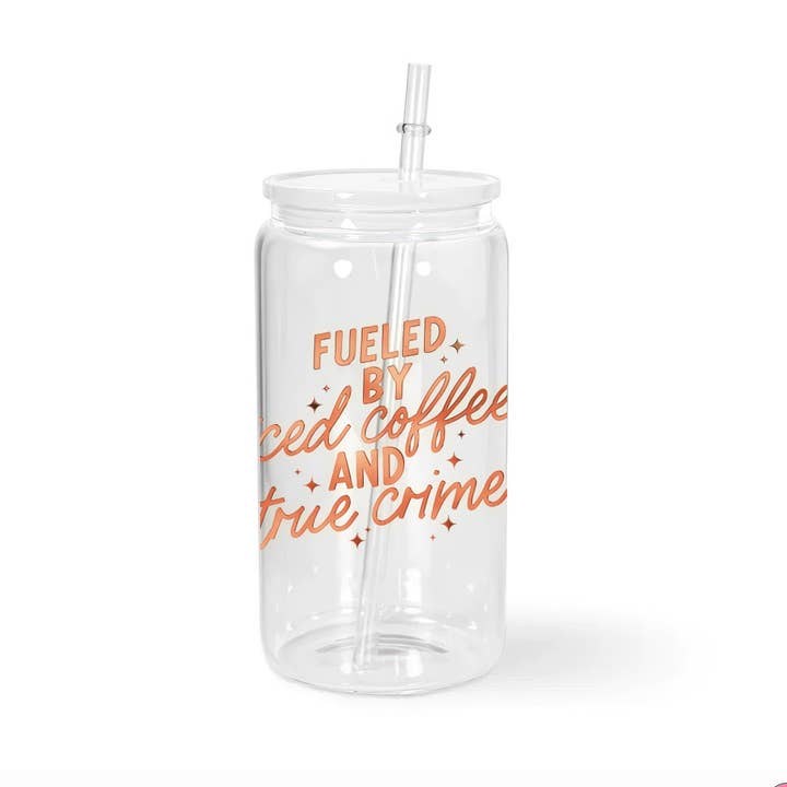 True Crime Glass Can with Gold Foil + Lid and Straw for wholesale by Pressful Printing