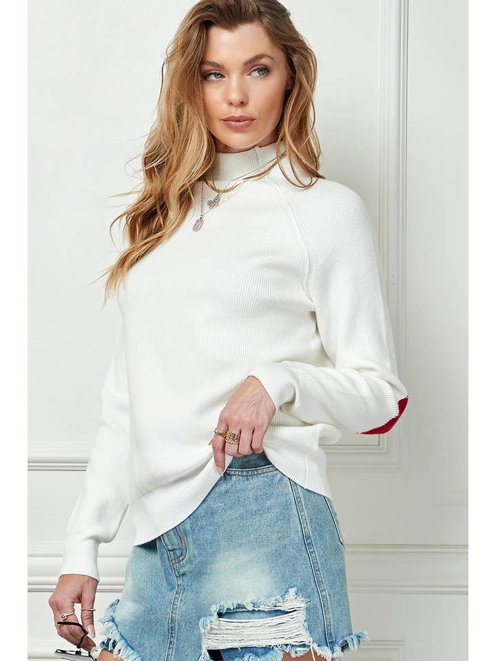 White Heart Elbow Patch Knit Sweater for wholesale on Faire
