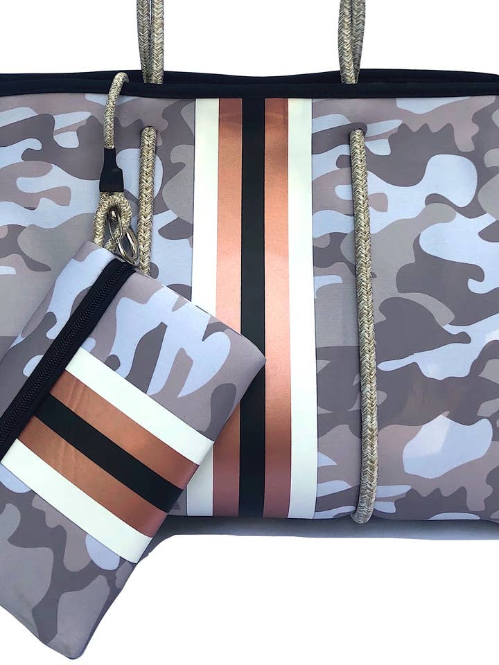 On the Go - Tan/Camo Gold Neoprene Tote Bag for wholesale by Lolly Luella