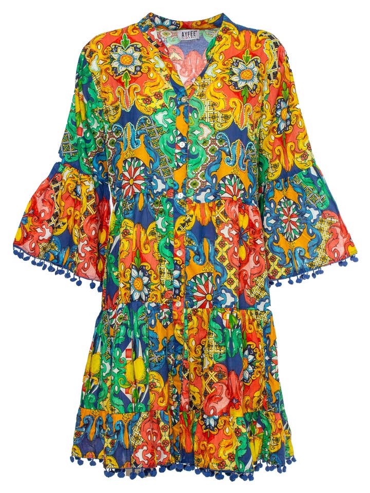 SHORT RUFFLE DRESS WITH MULTICOLOR MAJOLIC PRINT, 4 SIZE 100% CO MAD for wholesale by Ayfee