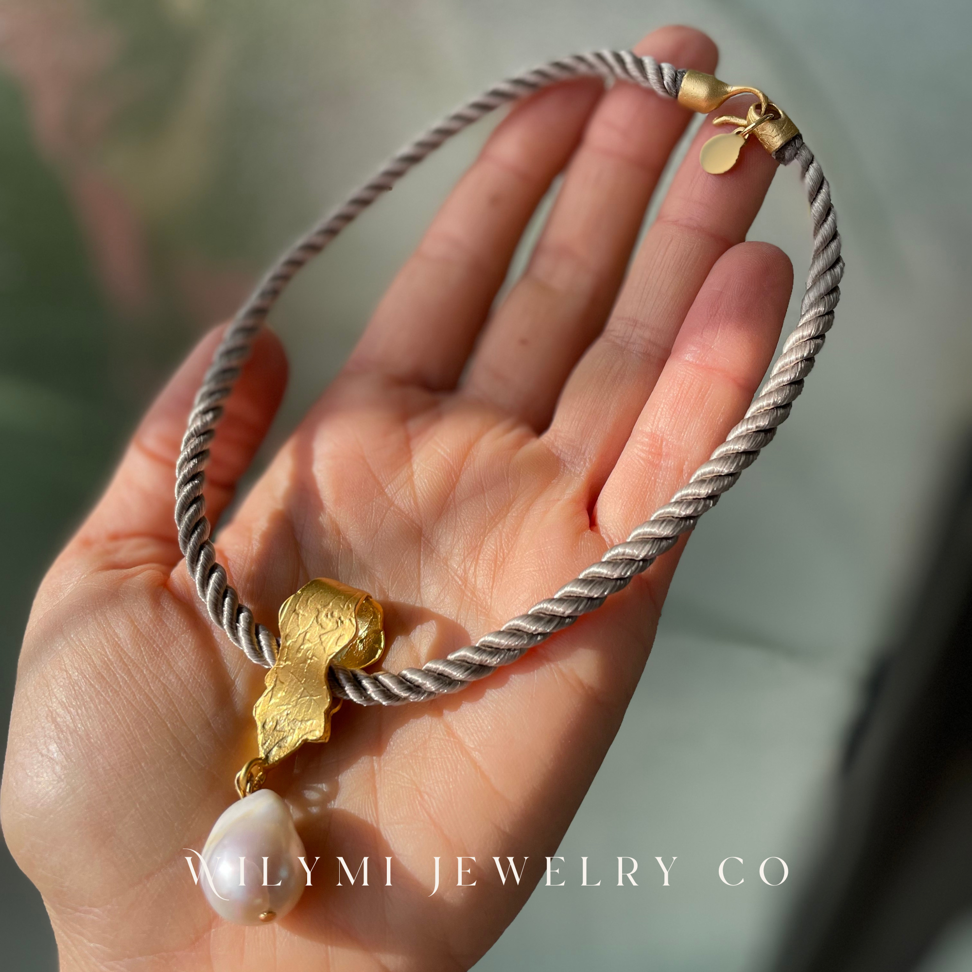 WILYMI Jewelry Co – wholesale Choker/collar – Grey Silk Braided Rope + Pearl Choker | 24k GP | Adjustable3