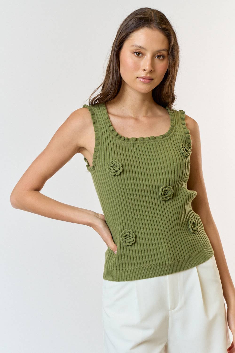 Lalavon - Wholesale Knit Top - Women's - ILT3740 3D Crochet Flower And Ruffled Hem Knit Tank Top 6