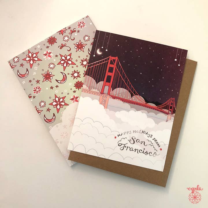 Cynla - Wholesale Season's Greetings Card - BOX of 8 San Francisco Holiday Card - starry foggy SF xmas1