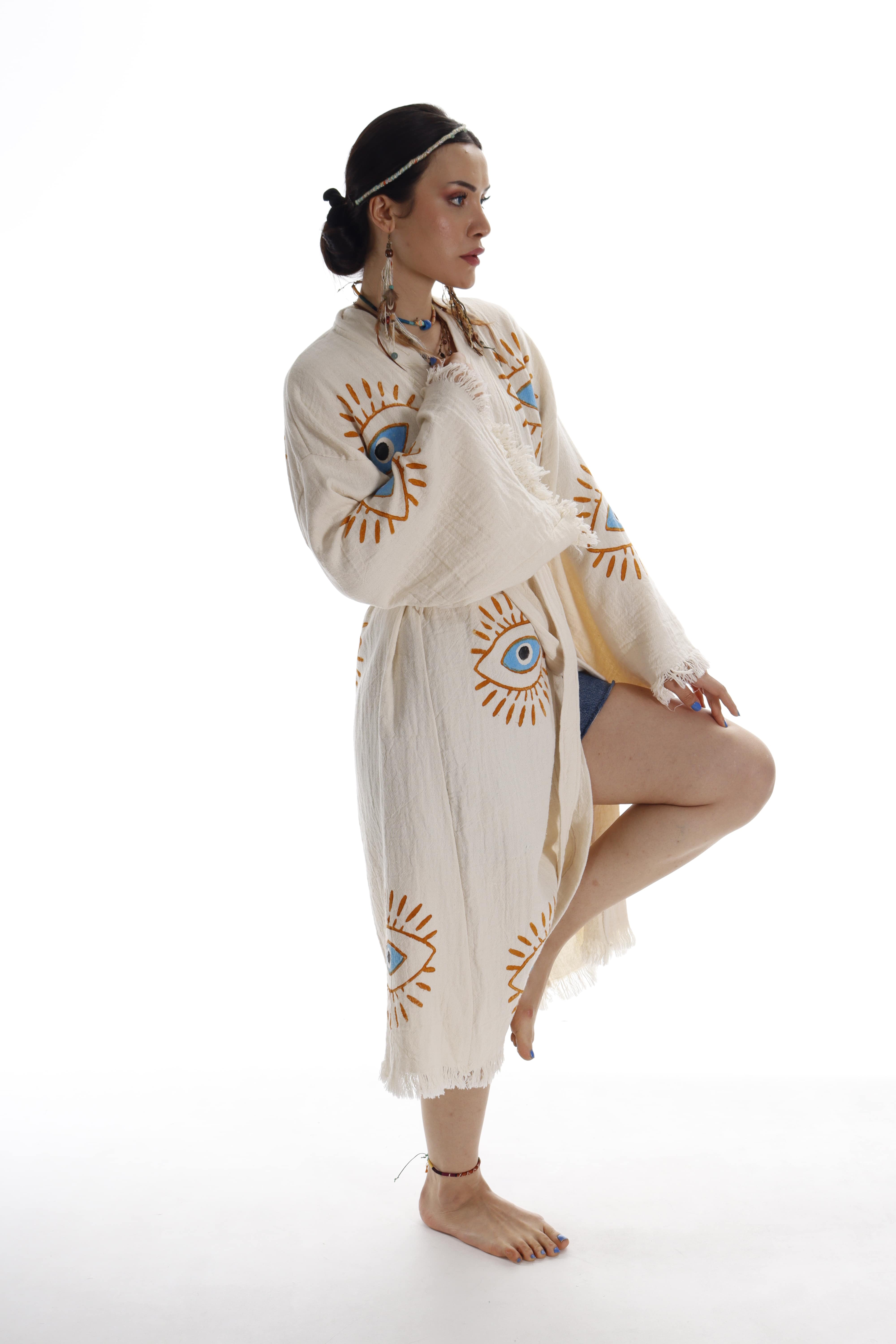 Beige Evil Eye Handmade Cotton Kimono Robe - Eco-Friendly for wholesale on Faire4
