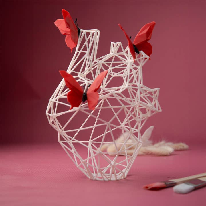 White Heart Sculpture with Red Butterflies – Art Collaboration - Romantic Home Decor - “U Can Give Me Butterflies” for wholesale by 3DOfficeAT