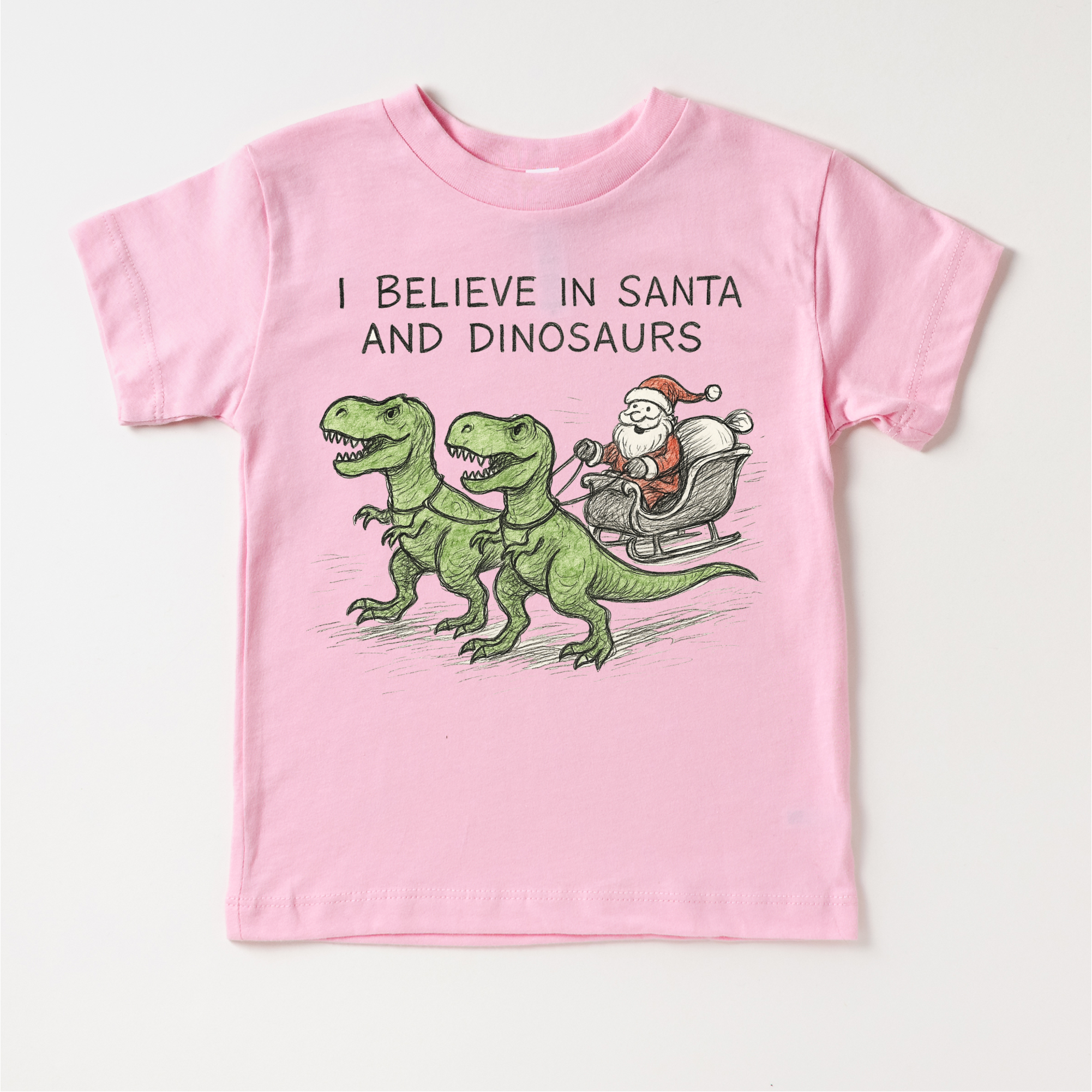 Madi Moosh - Wholesale Screen Printed T-Shirt - Kids - I Believe In Santa And Dinosaurs Christmas T-Shirt - Sketch Art Tee6