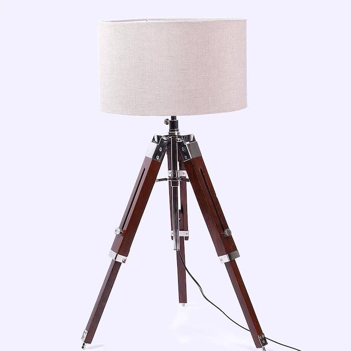 DDecorStore - Vente Lampes d'appoint/de bureau - Support de lampe de table en bois, trépied nautique chromé2