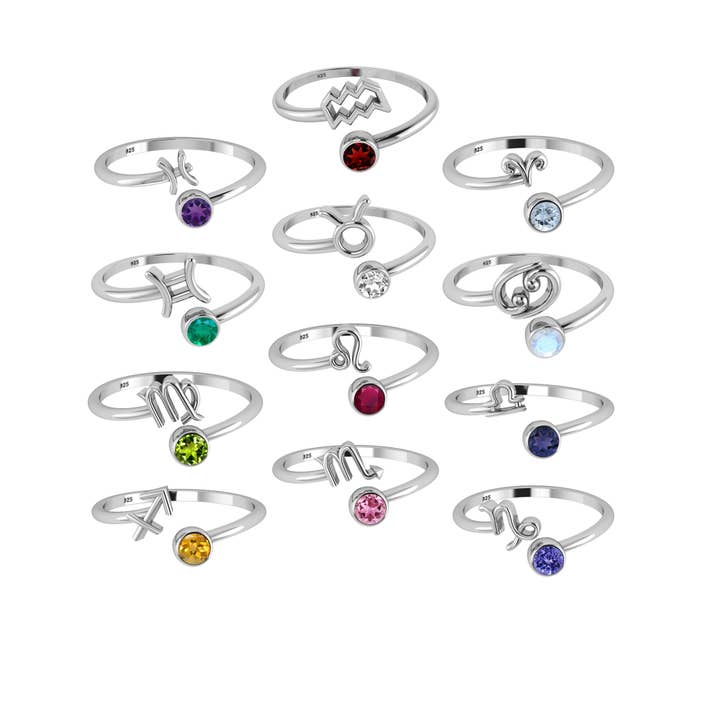 Nature Crafts - Wholesale Single Stone/Solitaire Ring - Natural Gemstone Zodiac Rings in Sterling Silver/Gold Plated