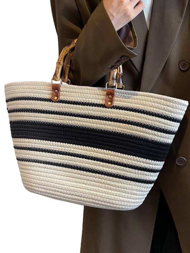 Bold Stripe Oversized Bamboo Handle Braid Woven Beach Tote for wholesale by Cap Zone