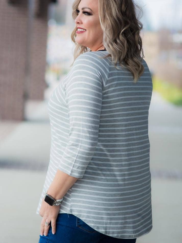 Heather Gray/White Striped Raglan for wholesale by Vivette Apparel