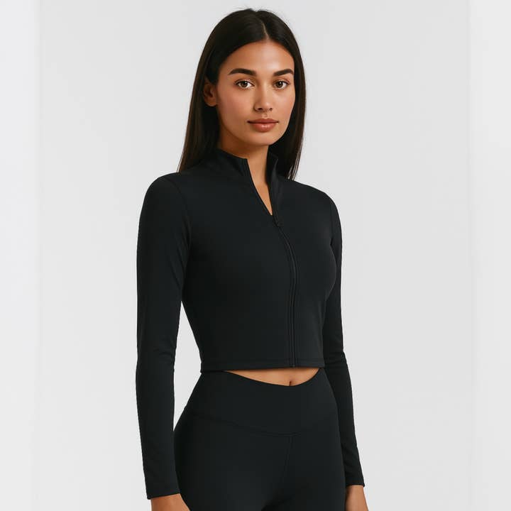 Black 4013 - Women's Athletic Cropped Zipper Jacket for wholesale on Faire2