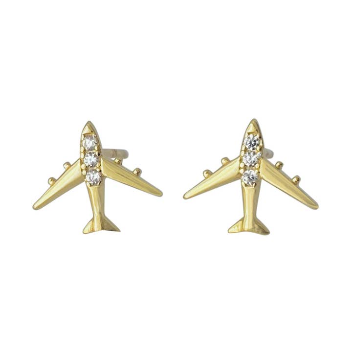 Gold Plated Sterling Silver Airplane Studs with Zirconia for wholesale by Modern Opus
