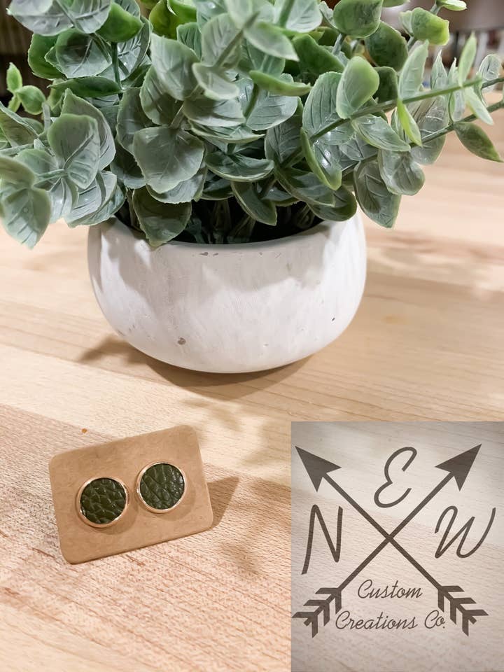 Olive Green Vegan Leather Stud with Push-back Closure/Back to school/Fall/Boho for wholesale by N.E.W. Custom Creations Co LLC
