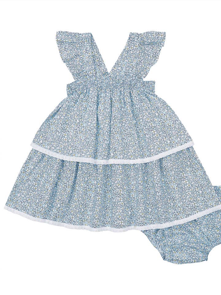 Blue Floral Tiered Dress + Bloomer for wholesale by Petit Confection